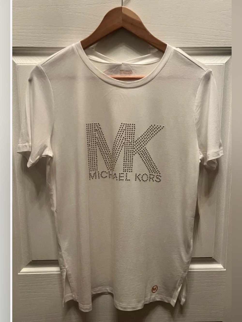 NWT Michael Kors Women's White Studded MK Logo T-Shirt- Small